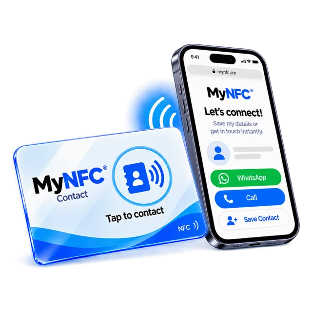 MyNFC Contact card next to a phone showing the MyNFC page with WhatsApp, Call and Save Contact buttons.