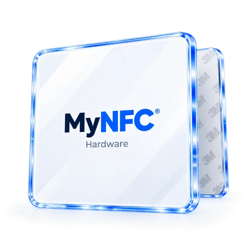 MyNFC acrylic card standing on a counter, with the adhesive backing visible behind it.
