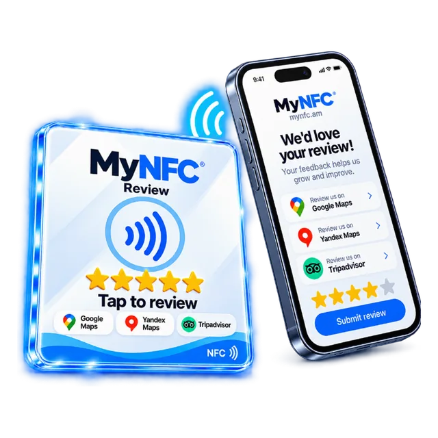 MyNFC Review card next to a phone showing Google Maps, Yandex Maps and Tripadvisor review buttons.