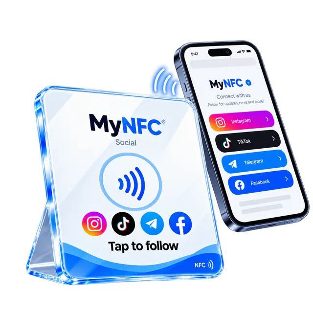 MyNFC Social card on a stand beside a phone showing Instagram, TikTok, Telegram, and Facebook.